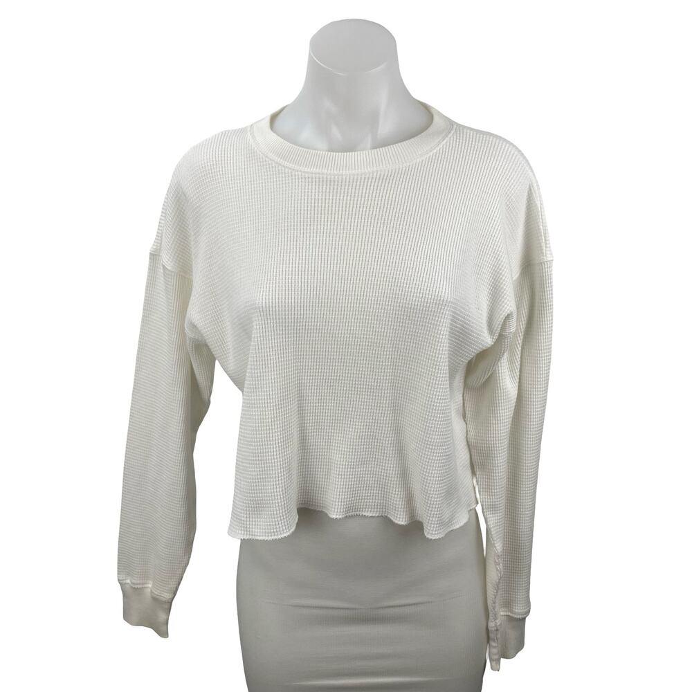 Aritzia TNA Womens White Waffle Knit Long Sleeve Thermal Sweater Crop Top Size S